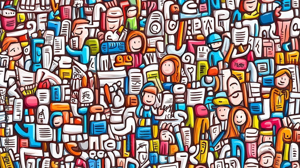 A bustling, dense group with assorted characters and shapes creates a vibrant scene A bustling, dense group with assorted characters and shapes creates a vibrant scene
