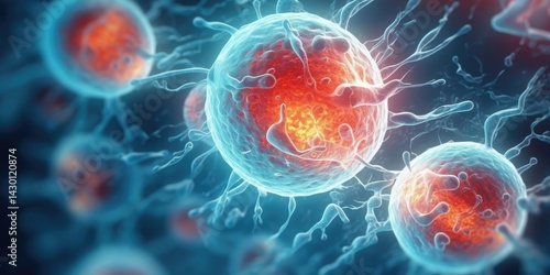 Human cell or Embryonic stem cell, Cells of the body under a microscope on colorful background. Cellular Therapy, Regeneration. Generative AI.