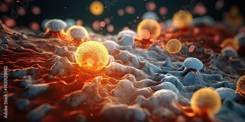 Human cell or Embryonic stem cell, Cells of the body under a microscope on colorful background. Cellular Therapy, Regeneration. Generative AI.