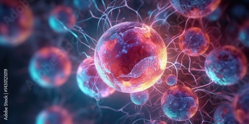 Human cell or Embryonic stem cell, Cells of the body under a microscope on colorful background. Cellular Therapy, Regeneration. Generative AI.
