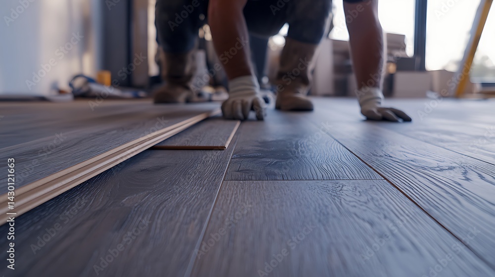 Worker Installing Dark Wooden Flooring Worker Installing Dark Wooden Flooring