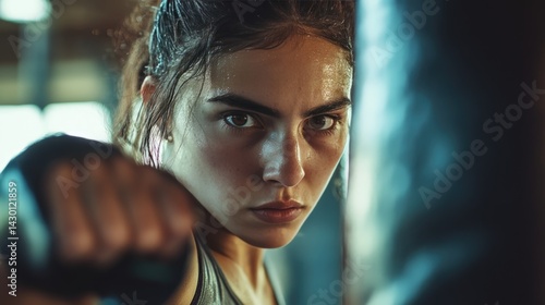 Obraz na płótnie A focused athlete delivering a powerful punch at a boxing gym, showcasing dedication and intensity as the sunlight filters through windows w salonie
