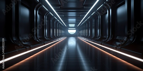 Realistic sci-fi dark corridor with neon light on panel walls. Futuristic tunnel with grunge metal walls. Interior view. Modern futuristic hall. Empty corridor in a spaceship. Generative AI.