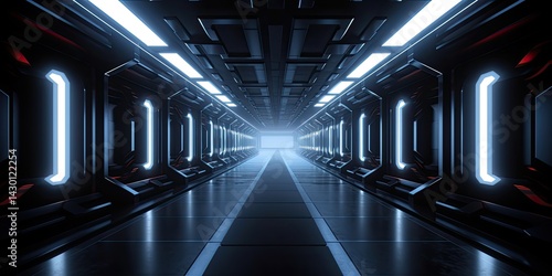 Realistic sci-fi dark corridor with neon light on panel walls. Futuristic tunnel with grunge metal walls. Interior view. Modern futuristic hall. Empty corridor in a spaceship. Generative AI.