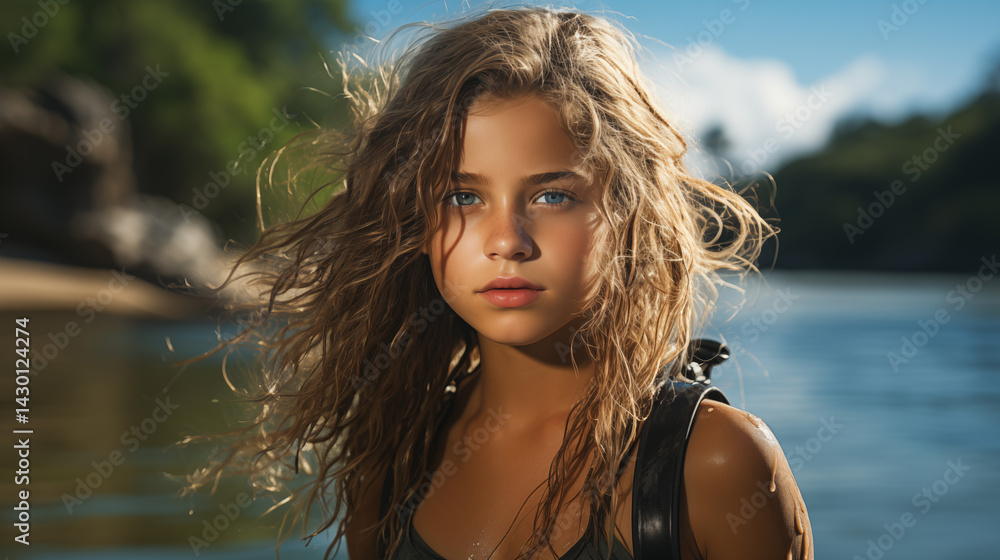 girl at sea in sunny day. girl splash in sea