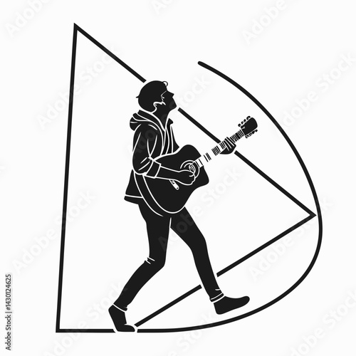 Stylized Guitarist Illustration With Geometric Shapes On White Background