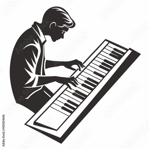 Pianist Playing Grand Piano Black And White Line Art Illustration Vector