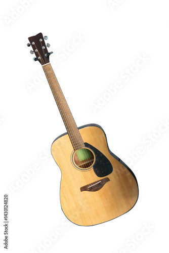 Classic acoustic guitar with natural wood finish and dark pickguard isolated on transprent background.