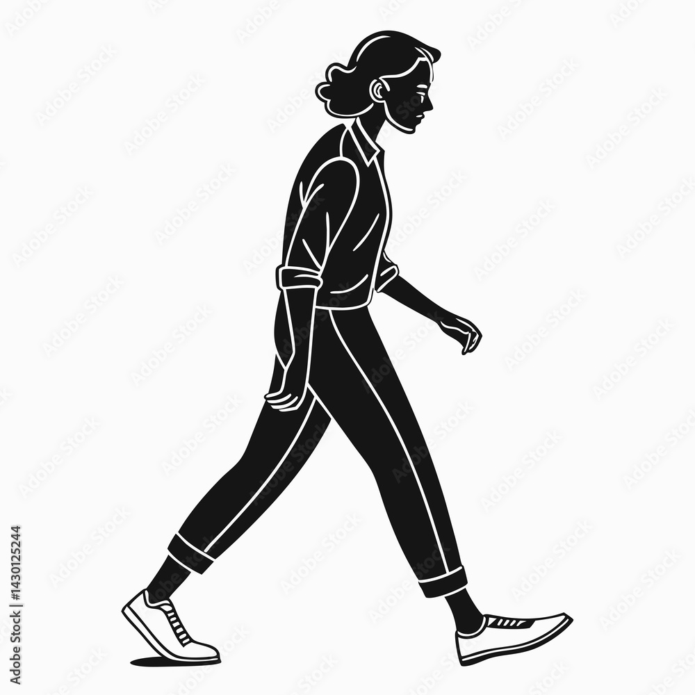 Fototapeta premium Woman Walking Monochrome Illustration Female Character In Full Length Side View