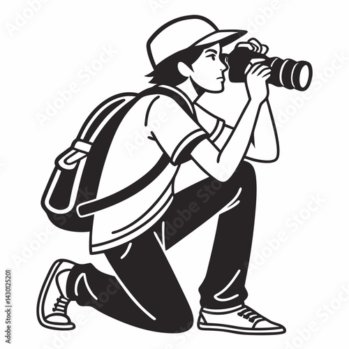 Photographer Taking Photo Kneeling With Camera And Backpack Black And White Style