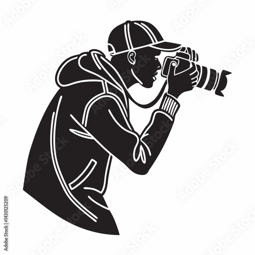 Photographer In Hoodie Taking Pictures Black And White Illustration