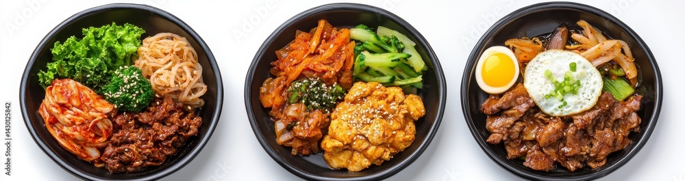 Fototapeta premium Three Colorful Asian Bowls with Rice, Meat and Vegetables
