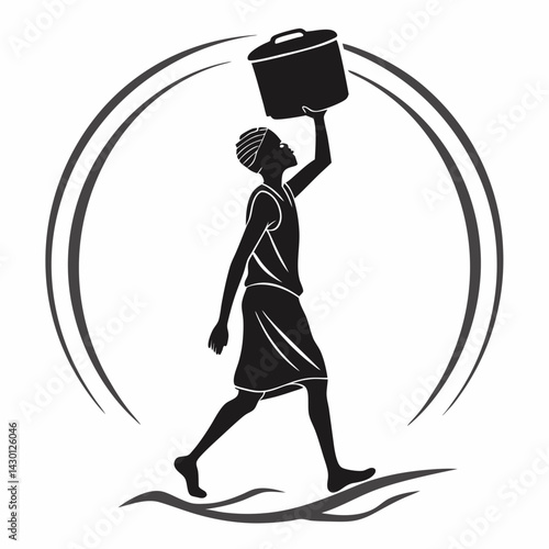 African Woman Carrying Water Container On Head Silhouette Vector Illustration Design
