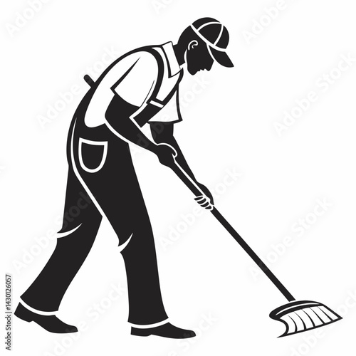 Silhouette Of A Street Sweeper Working With Broom On Isolated Background