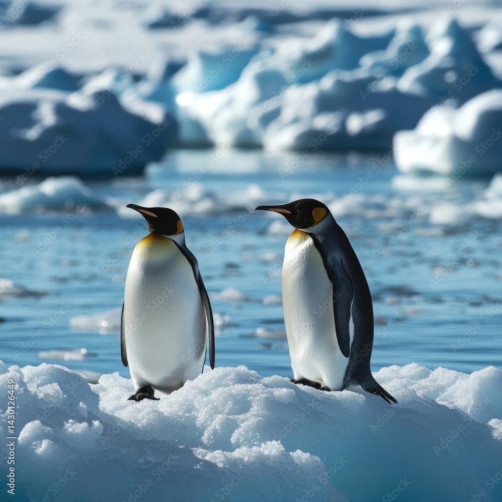 Fototapeta premium Two penguins on an ice floe, Antarctic scenery