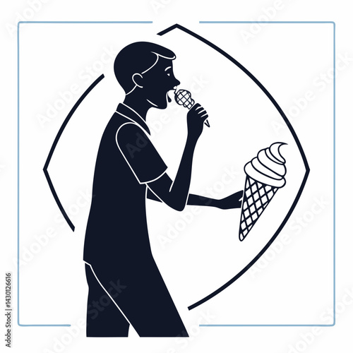 Boy Eats Ice Cream While Singing Into A Microphone In Outlined Frame