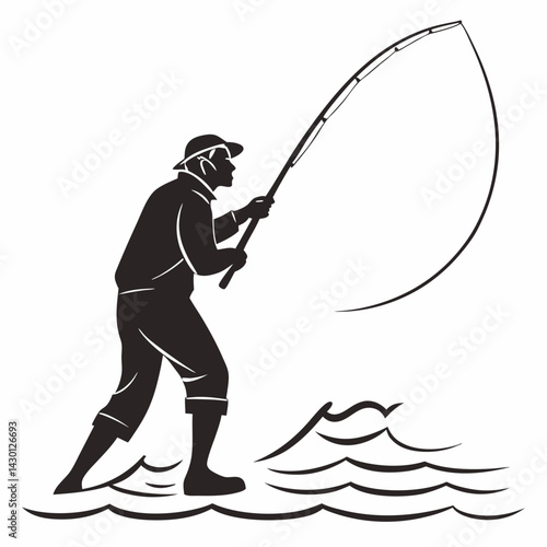 Fisherman Silhouette Fishing Rod Bending In River For Sport Or Hobby