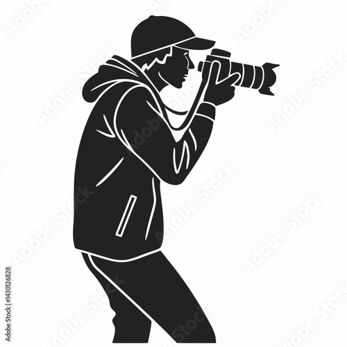Photographer In Hoodie Holding Camera Vector Illustration Black And White Style