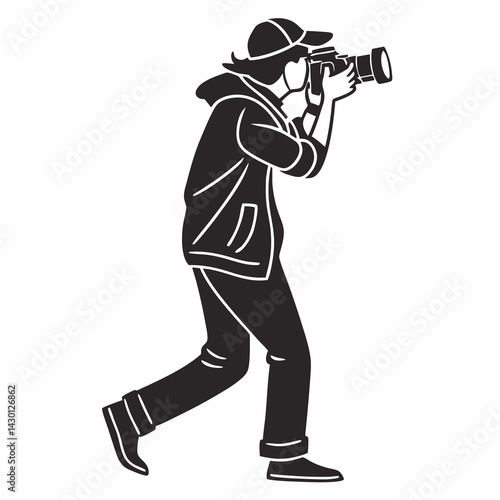 Photographer Taking Pictures With Camera In Black And White Vector Illustration