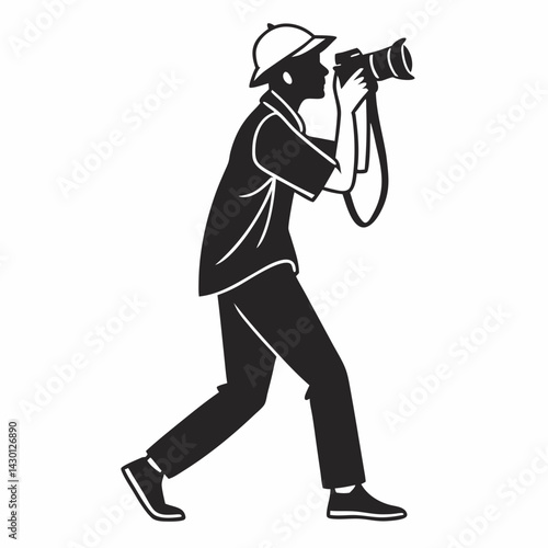 Photographer In Safari Hat Taking Picture With Camera Monochrome Vector Illustration