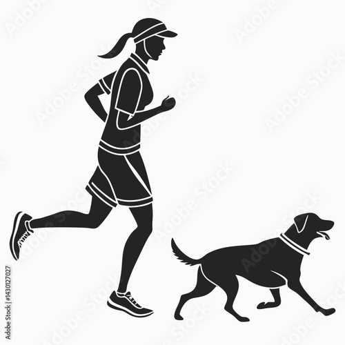 Woman Jogging With Her Dog Vector Silhouette Black And White Illustration