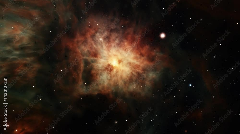 Seamless loop spiral galaxy exploration through outer star space towards glowing orange blue cloud milky way galaxy. Rotating glowing Nebula space 4K animation