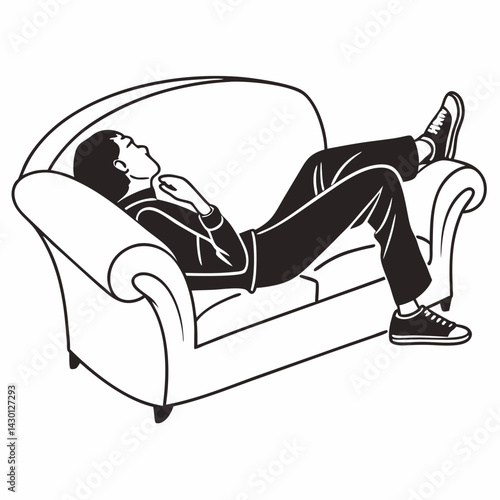 Monochrome Vector Of Relaxed Person Lying Down On A Sofa In Comfort