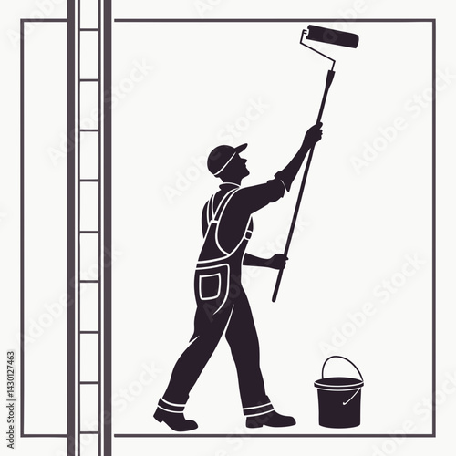 Silhouette Of Painter With Roller Brush Renovating Wall And Ladder Vector