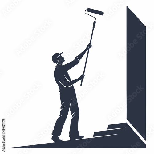 Painter With Roller Brush Painting Wall In Room Remodeling Service Silhouette