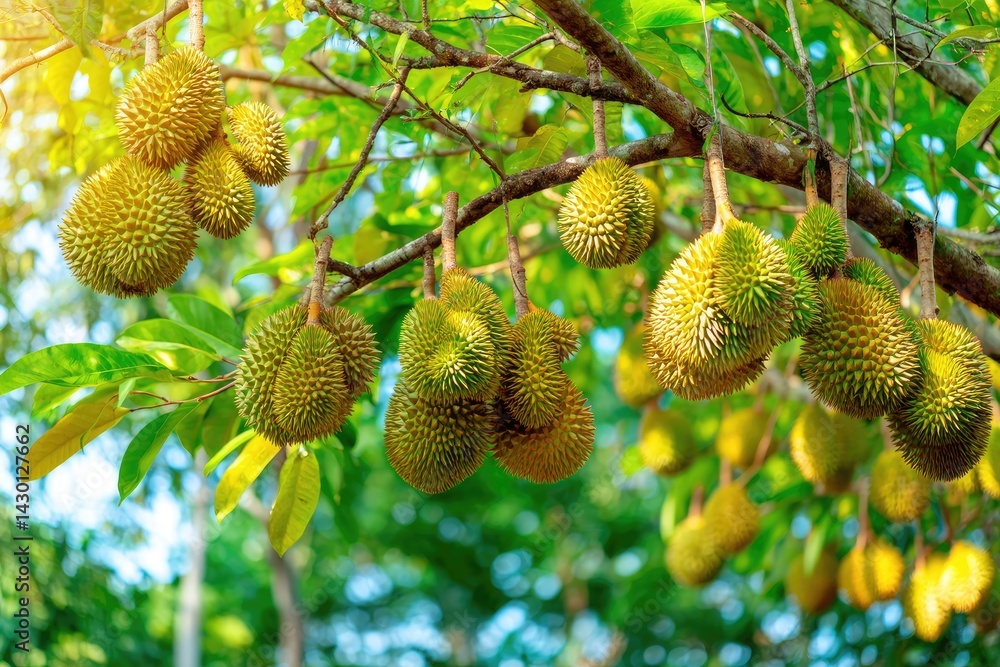 Durian fruits hanging on tree branches Durian fruits hanging on tree branches