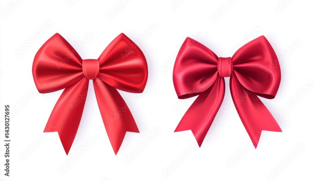 Fototapeta premium Two Realistic Red Satin Bows on White Background