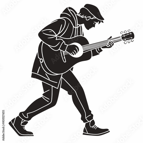 Street Musician Playing Acoustic Guitar Black And White Graphic Illustration