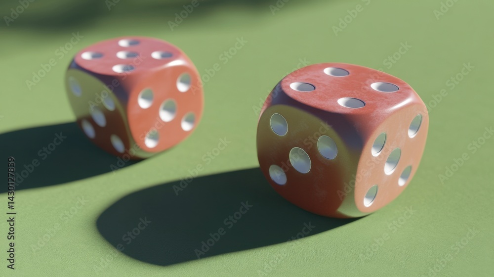 Two Red Dice on Green Surface in Soft Light Two Red Dice on Green Surface in Soft Light