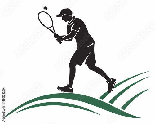 Silhouette Tennis Player Hitting Ball On Green Grass Sport Activity Vector