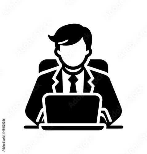 A man in a business suit sits in a chair and looks directly at a laptop standing in front of him