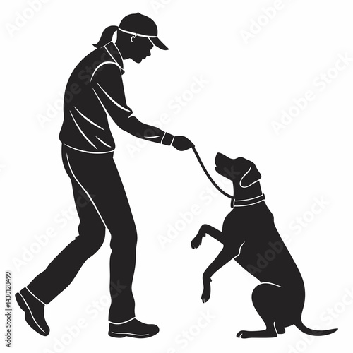 Silhouette Illustration Of Woman Training Her Dog With A Leash Outdoors