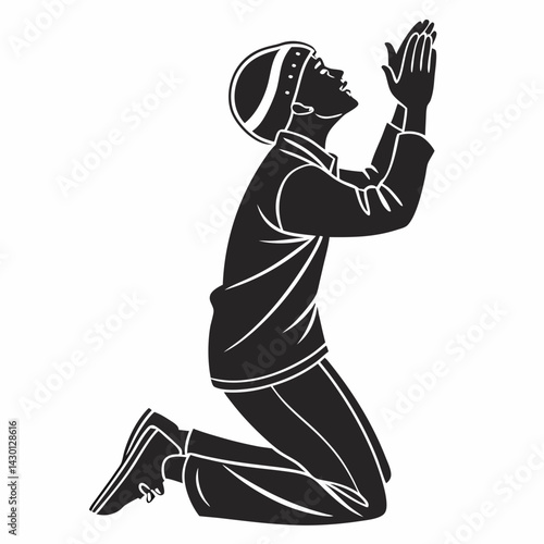 Kneeling Man In Prayer Silhouette Black And White Vector Illustration Design