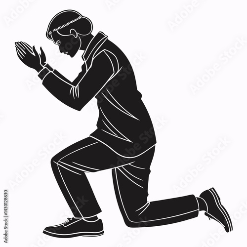 Silhouette Of Kneeling Man In Prayer Seeking Guidance And Forgiveness In Vector