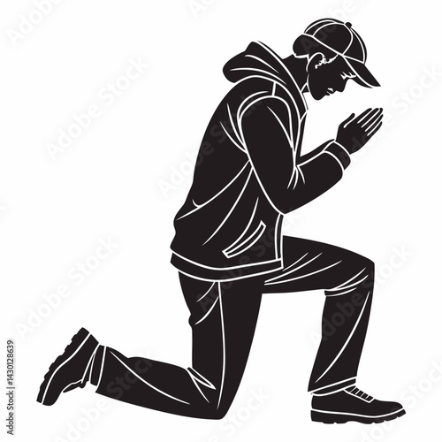 Man On His Knees Praying Silhouette Vector Art Design Illustration