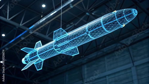 Futuristic Wireframe Missile Suspended In Industrial Space Technology Innovation Concept