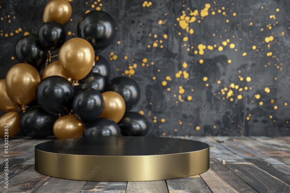 Naklejka premium Elegant Black and Gold Party Background with Balloons and Podium