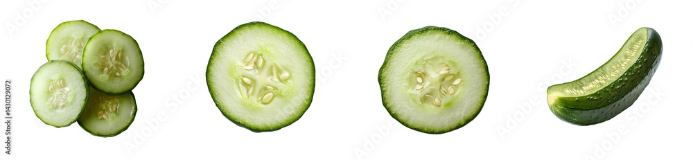 Fresh cucumber slices and whole cucumber on transparent background Fresh cucumber slices and whole cucumber on transparent background