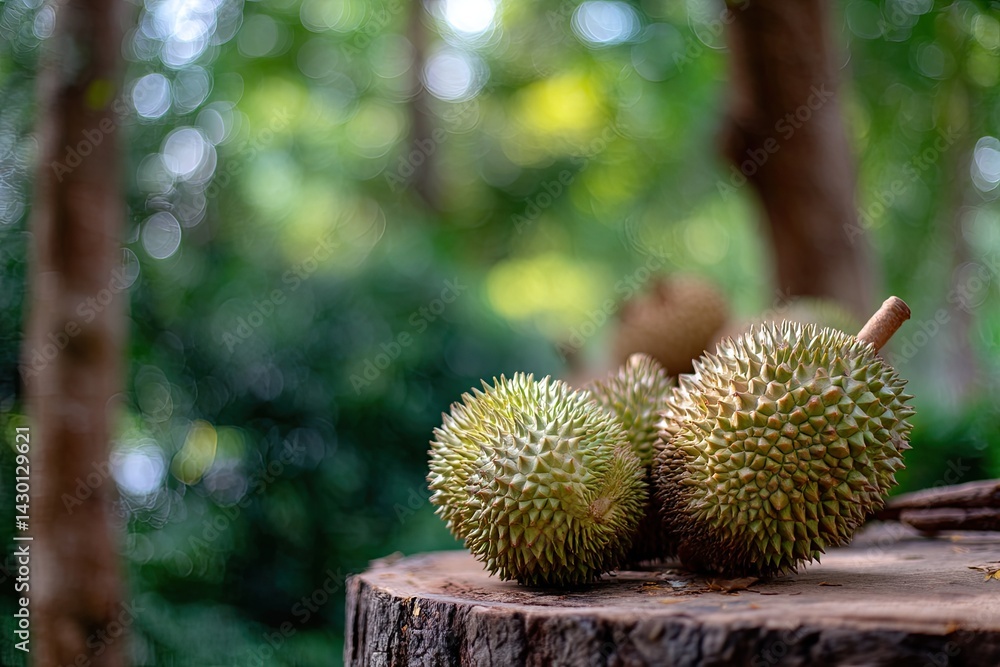 Fresh durian fruit on stump in forest Fresh durian fruit on stump in forest