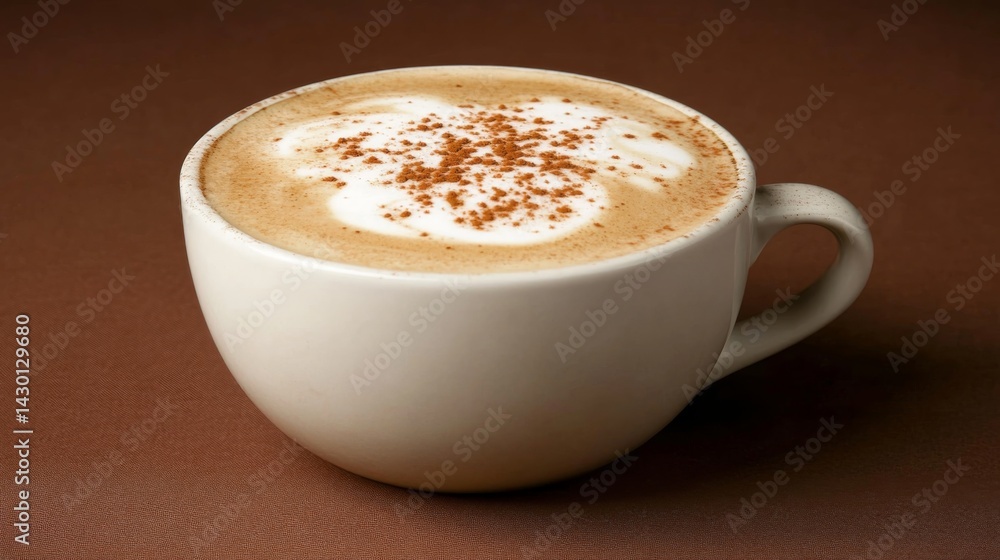 Cappuccino in a ceramic cup displays intricate foam patterns with warm tones, set on a neutral-colored cafe table providing inviting ambiance Cappuccino in a ceramic cup displays intricate foam patterns with warm tones, set on a neutral-colored cafe table providing inviting ambiance