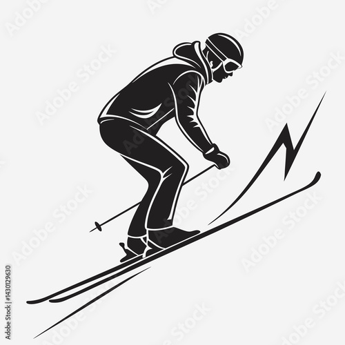 Stylized Skier Illustration Black Silhouette Downhill Skiing Winter Sports Vector Design