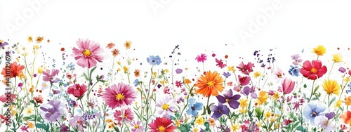 Vibrant watercolor wildflower meadow border.