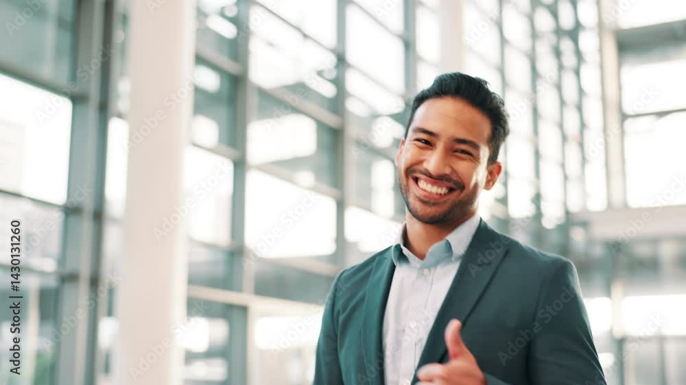 Businessman, face and wink with thumbs up, confidence and walk for smile, emoji and promotion. Portrait, happy person and entrepreneur with success, yes gesture and OK in convention center lobby Businessman, face and wink with thumbs up, confidence and walk for smile, emoji and promotion. Portrait, happy person and entrepreneur with success, yes gesture and OK in convention center lobby