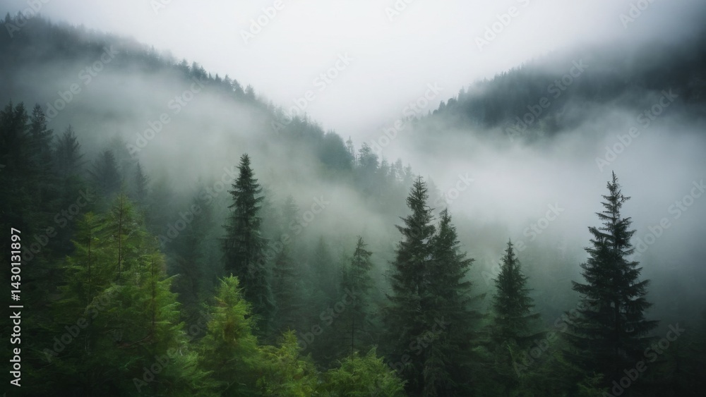Fototapeta premium Enchanting Forest Landscape with Dense Canopy and Foggy Sky