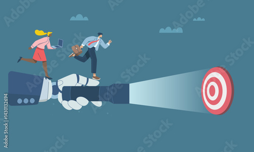Robotic hand using flashlight to help team business on target, Using AI to find direction and goals of the organization's business, Running towards the target, Flat vector design illustration.