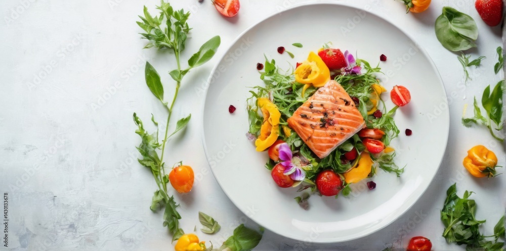 Colorful Salad with Grilled Salmon Fillet on White Plate, Top View on Textured Background Colorful Salad with Grilled Salmon Fillet on White Plate, Top View on Textured Background